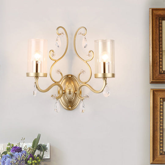 Modern Crystal Brass Sconce Wall Light With Clear Glass Cylinder Shade 2 /