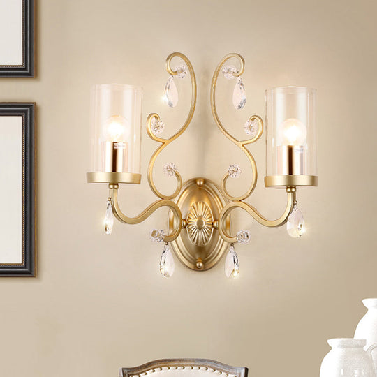 Modern Crystal Brass Sconce Wall Light With Clear Glass Cylinder Shade