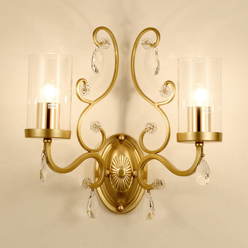 Modern Crystal Brass Sconce Wall Light With Clear Glass Cylinder Shade