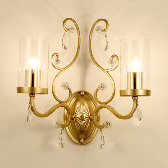 Modern Crystal Brass Sconce Wall Light With Clear Glass Cylinder Shade