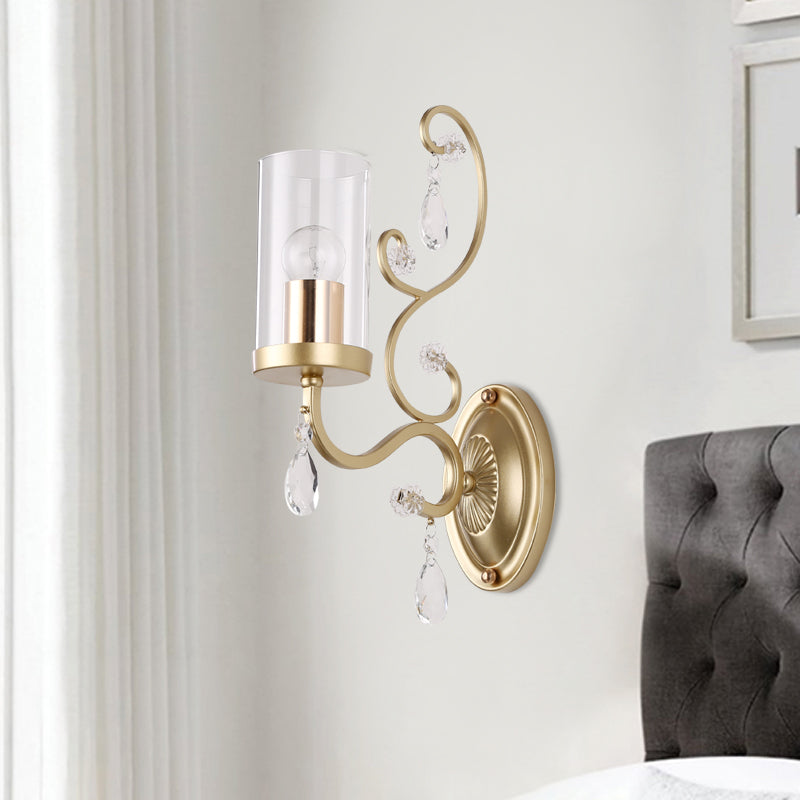 Modern Crystal Brass Sconce Wall Light With Clear Glass Cylinder Shade