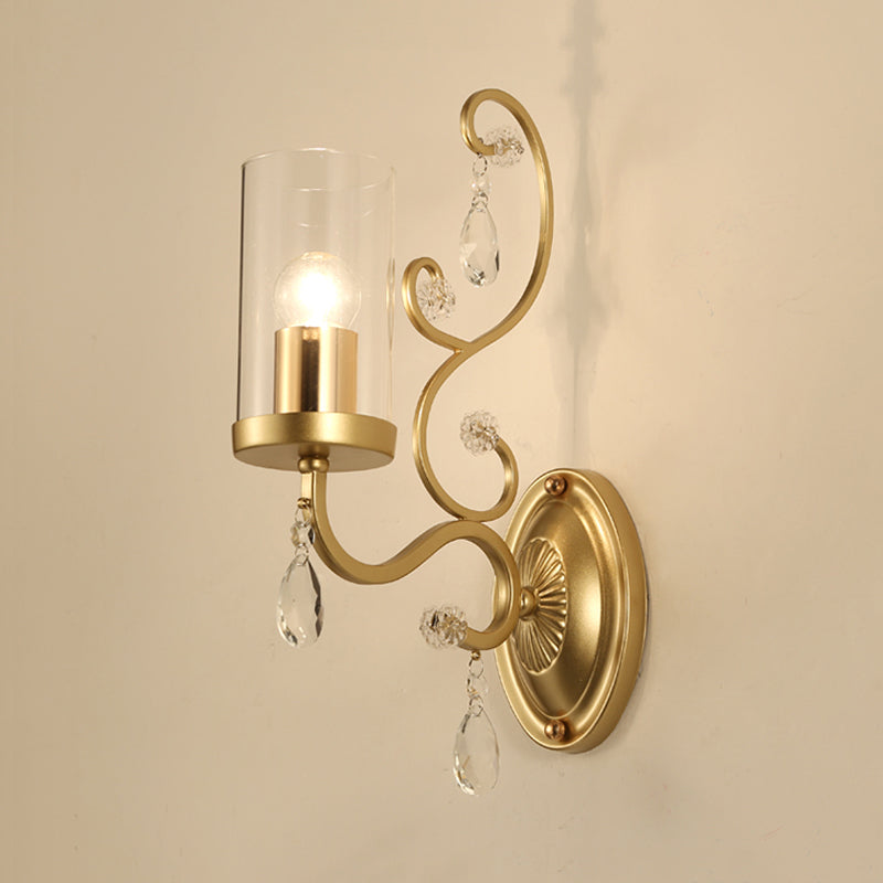 Modern Crystal Brass Sconce Wall Light With Clear Glass Cylinder Shade