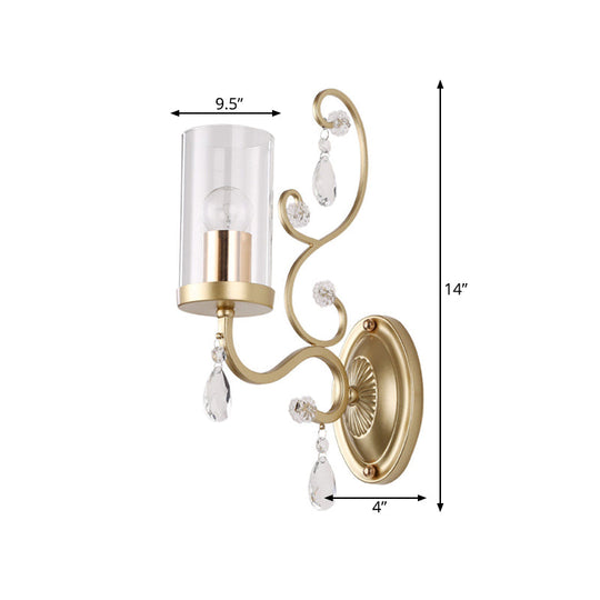 Modern Crystal Brass Sconce Wall Light With Clear Glass Cylinder Shade