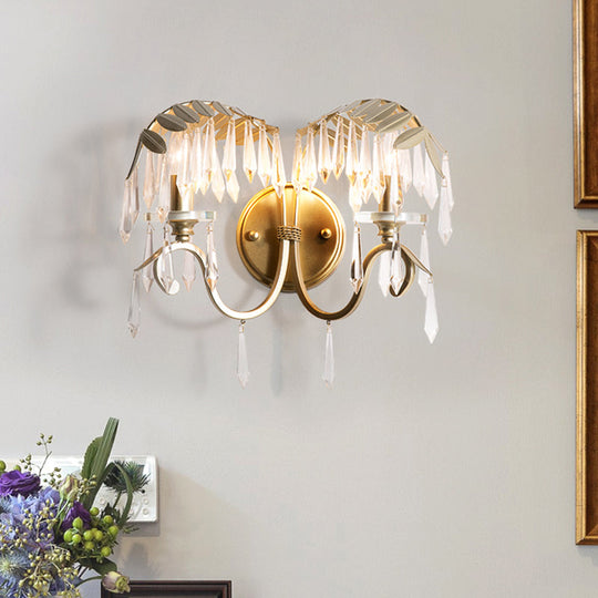 Modern Crystal Wall Sconce Light With Bent Arm - 2 Lights Brass Finish Perfect For Bedroom