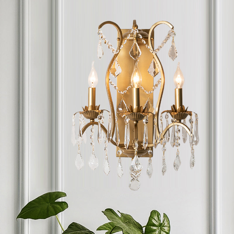 Modern Candelabra Wall Sconce With Crystal Drop - Black/Brass Finish 3 Lights