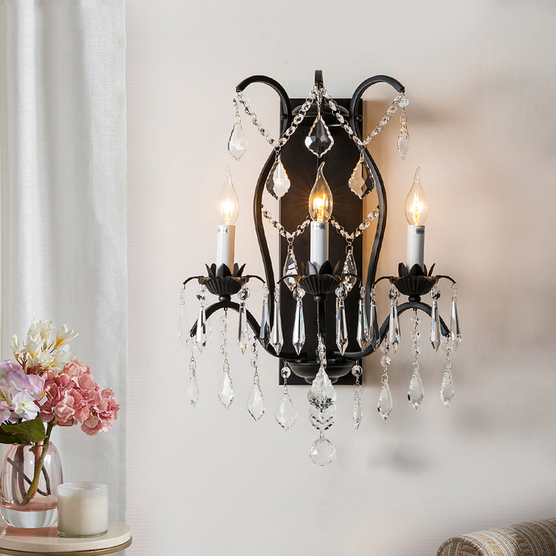 Modern Candelabra Wall Sconce With Crystal Drop - Black/Brass Finish 3 Lights Black