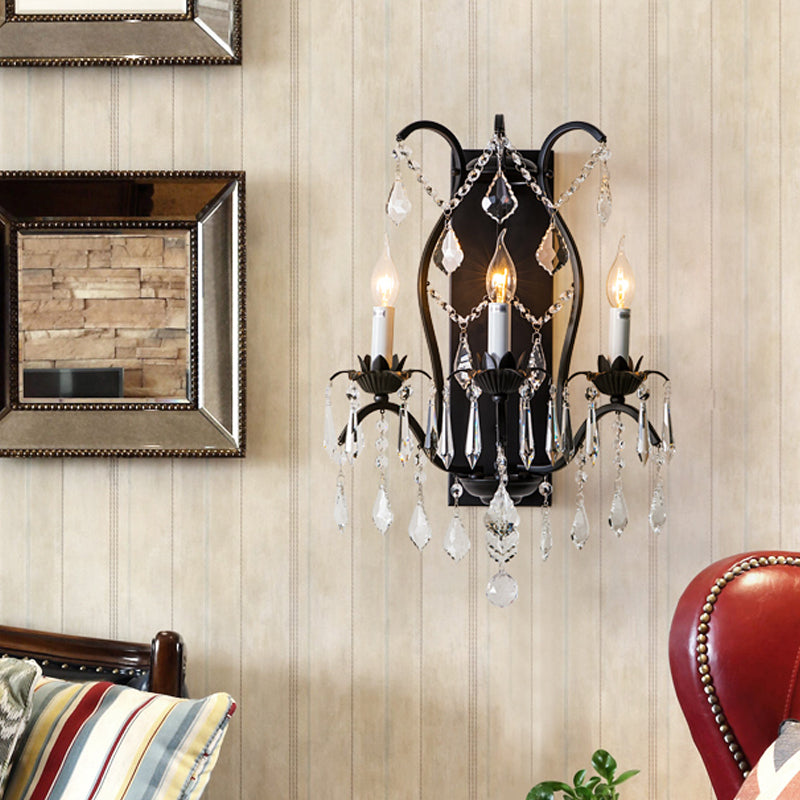 Modern Candelabra Wall Sconce With Crystal Drop - Black/Brass Finish 3 Lights