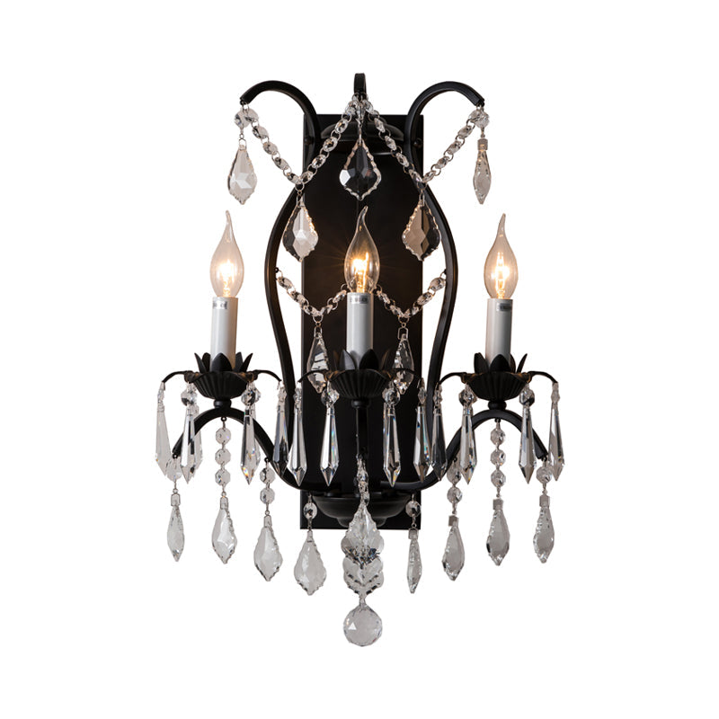 Modern Candelabra Wall Sconce With Crystal Drop - Black/Brass Finish 3 Lights