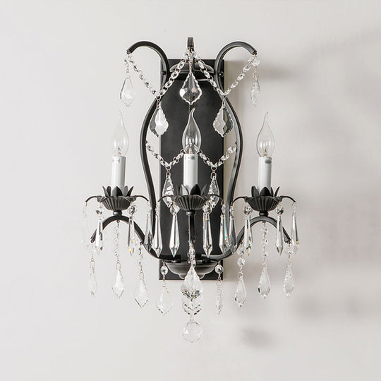 Modern Candelabra Wall Sconce With Crystal Drop - Black/Brass Finish 3 Lights