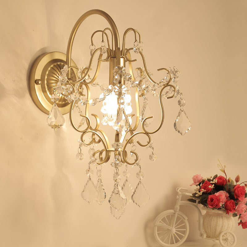 Rustic Metal Wall Mount Lamp With Crystal Accent - Gold Sconce Light