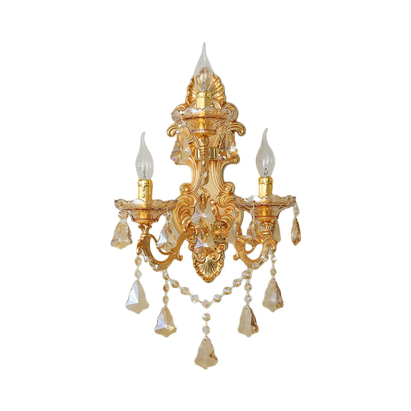 Modern Crystal Candelabra Wall Mount Light With 3 Gold Lights - Living Room Sconce