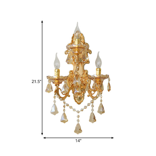 Modern Crystal Candelabra Wall Mount Light With 3 Gold Lights - Living Room Sconce