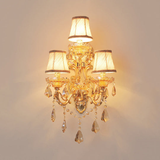 Modern Crystal Candelabra Wall Mount Light With 3 Gold Lights - Living Room Sconce