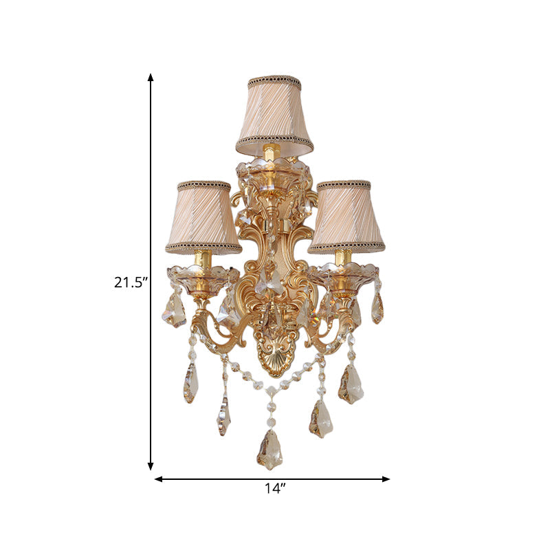 Modern Crystal Candelabra Wall Mount Light With 3 Gold Lights - Living Room Sconce