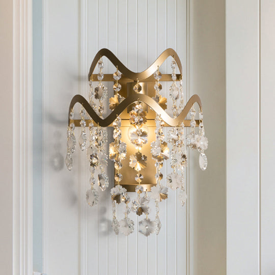 Wave Sconce Light - Gold Wall Mount With Flower Crystal/Shell Accent