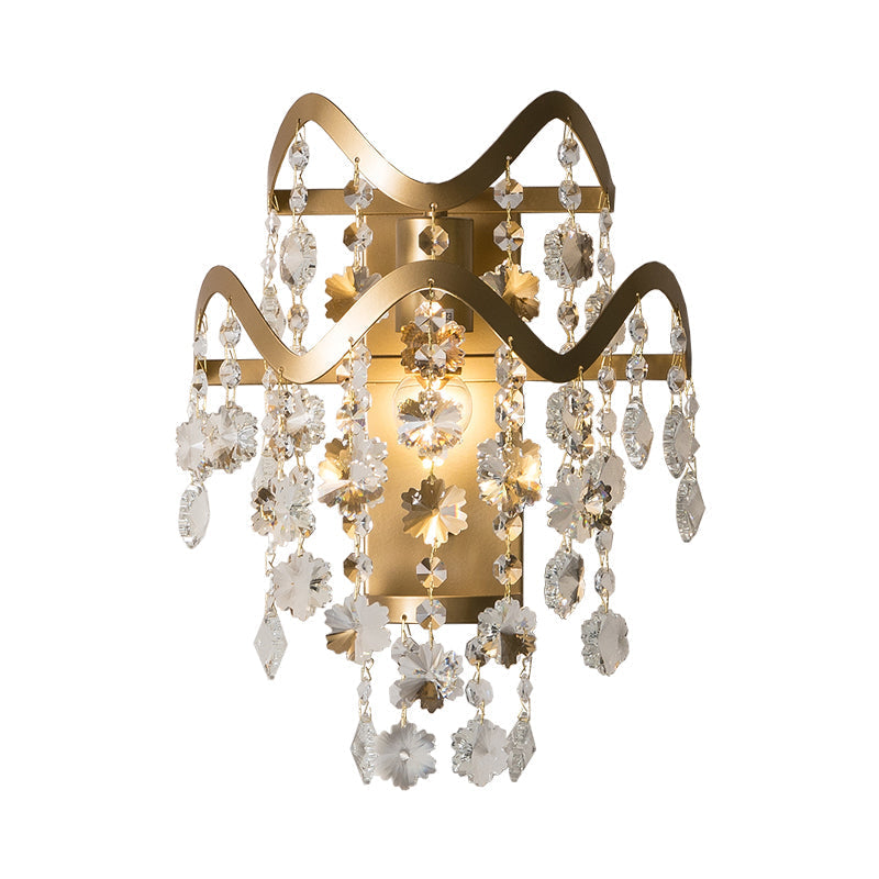 Wave Sconce Light - Gold Wall Mount With Flower Crystal/Shell Accent