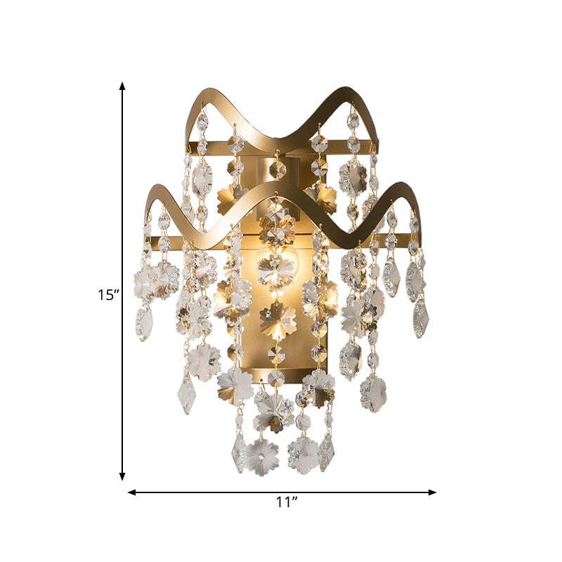 Wave Sconce Light - Gold Wall Mount With Flower Crystal/Shell Accent