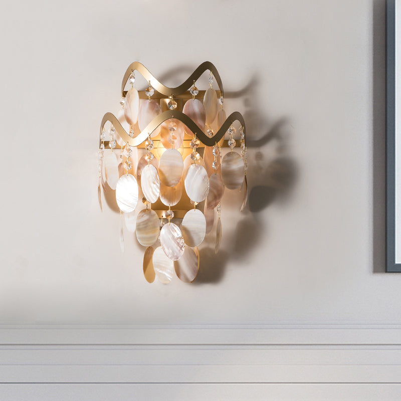 Wave Sconce Light - Gold Wall Mount With Flower Crystal/Shell Accent / B