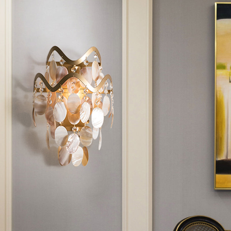 Wave Sconce Light - Gold Wall Mount With Flower Crystal/Shell Accent