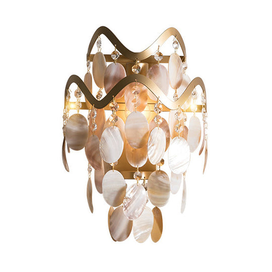 Wave Sconce Light - Gold Wall Mount With Flower Crystal/Shell Accent