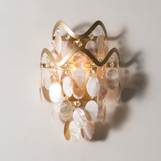 Wave Sconce Light - Gold Wall Mount With Flower Crystal/Shell Accent