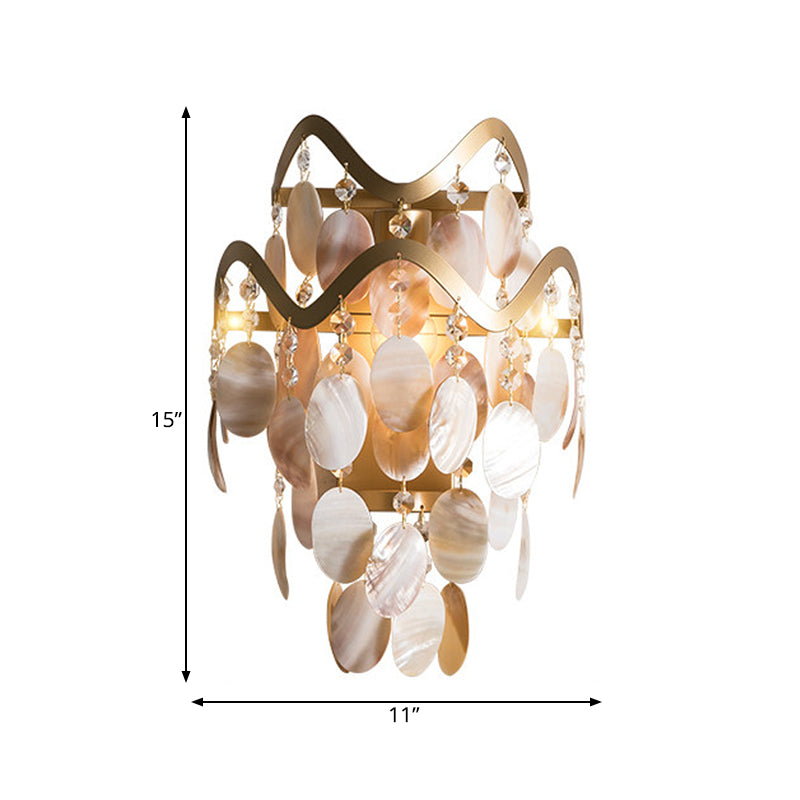 Wave Sconce Light - Gold Wall Mount With Flower Crystal/Shell Accent