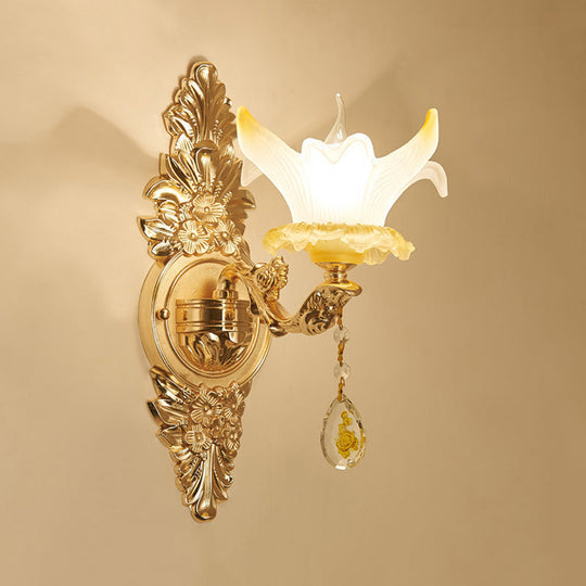 Vintage Style Petal Wall Sconce Opal Glass 1/2-Bulb Gold Light With Crystal Teardrop Deco