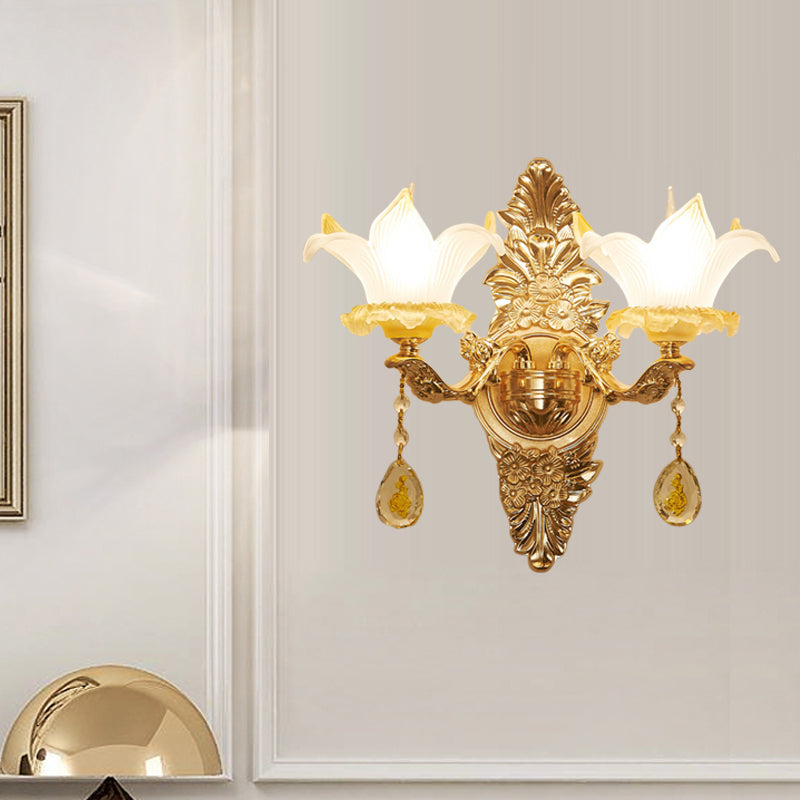 Vintage Style Petal Wall Sconce Opal Glass 1/2-Bulb Gold Light With Crystal Teardrop Deco