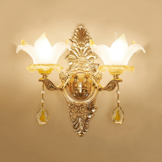 Vintage Style Petal Wall Sconce Opal Glass 1/2-Bulb Gold Light With Crystal Teardrop Deco