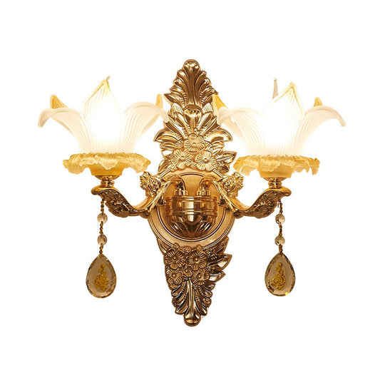 Vintage Style Petal Wall Sconce Opal Glass 1/2-Bulb Gold Light With Crystal Teardrop Deco