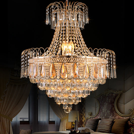 Gold Contemporary Tiered Bedroom Chandelier With 10 Crystal Lights