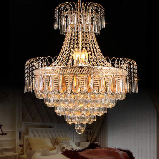 Gold Contemporary Tiered Bedroom Chandelier With 10 Crystal Lights