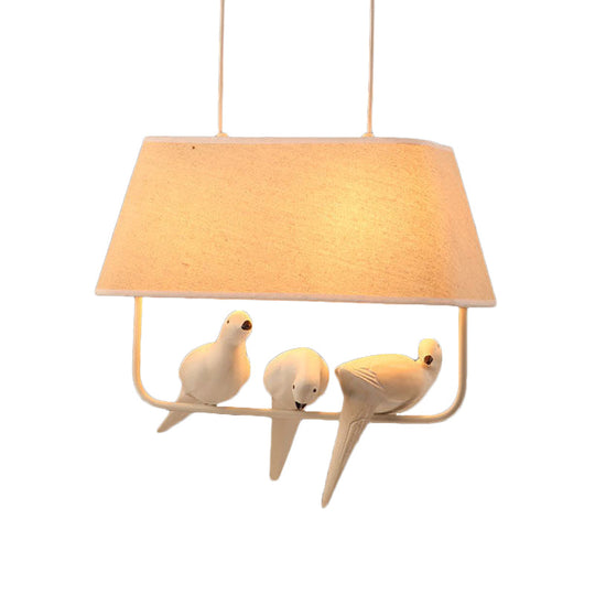 Traditional Fabric Trapezoid Hanging Light Kit - White Pendant Lighting With Bird