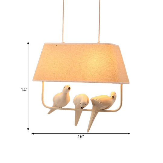 Traditional Fabric Trapezoid Hanging Light Kit - White Pendant Lighting With Bird