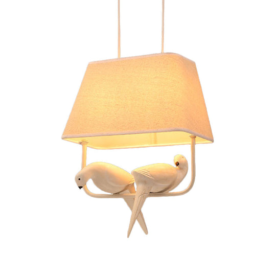 Traditional Fabric Trapezoid Hanging Light Kit - White Pendant Lighting With Bird