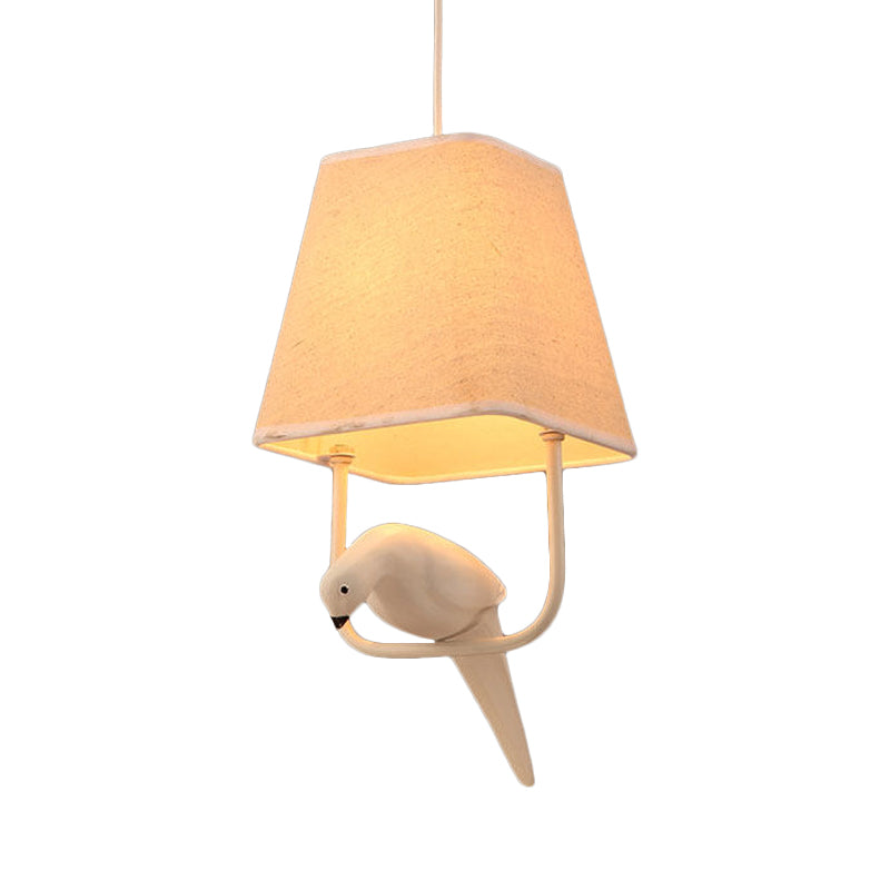 Traditional Fabric Trapezoid Hanging Light Kit - White Pendant Lighting With Bird