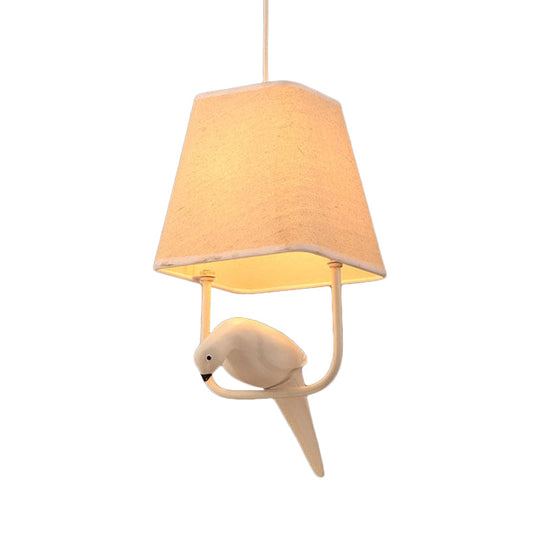 Traditional Fabric Trapezoid Hanging Light Kit - White Pendant Lighting With Bird