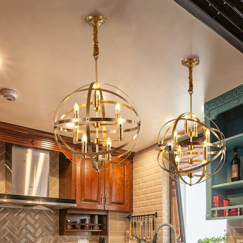 Gold Metal Chandelier With Globe Cage - Classic Pendant Lighting For Dining Room 4/6/8 Lights