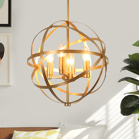 Gold Metal Chandelier With Globe Cage - Classic Pendant Lighting For Dining Room 4/6/8 Lights