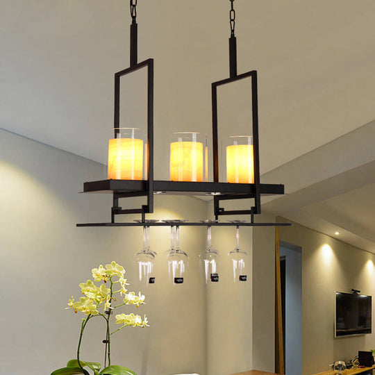 Traditional Black Island Light Fixture With Clear Glass Cylindrical Pendant Lighting For Dining Room