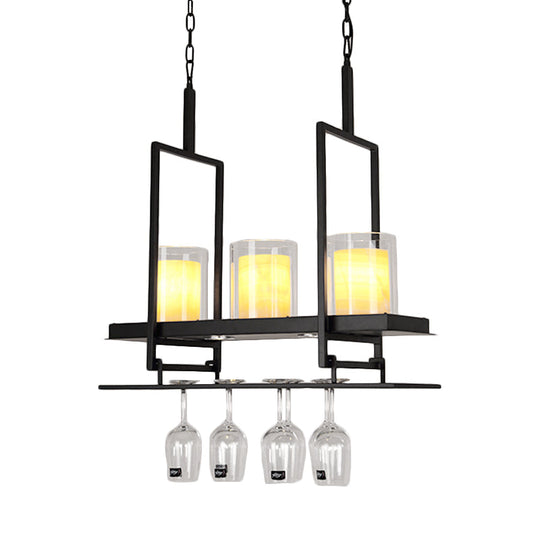 Traditional Black Island Light Fixture With Clear Glass Cylindrical Pendant Lighting For Dining Room