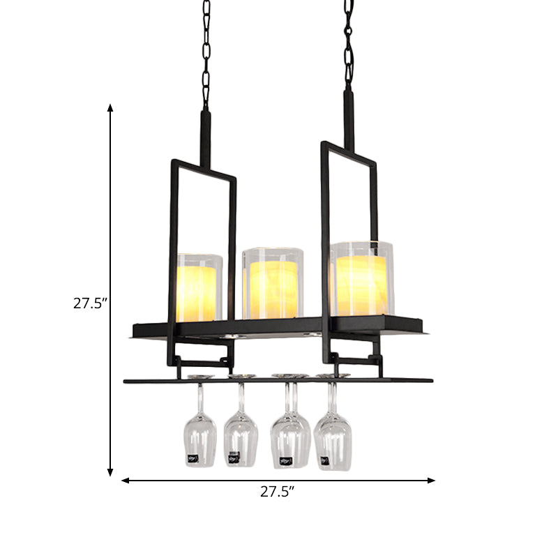 Traditional Black Island Light Fixture With Clear Glass Cylindrical Pendant Lighting For Dining Room