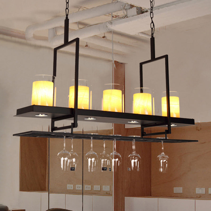 Traditional Black Island Light Fixture With Clear Glass Cylindrical Pendant Lighting For Dining Room