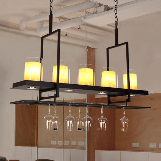 Traditional Black Island Light Fixture With Clear Glass Cylindrical Pendant Lighting For Dining Room