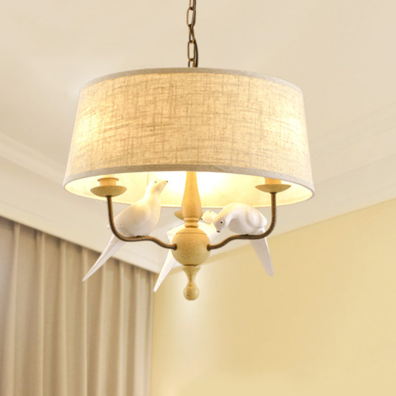 Vintage White Drum Chandelier With Bird: 3-Light Ceiling Fixture