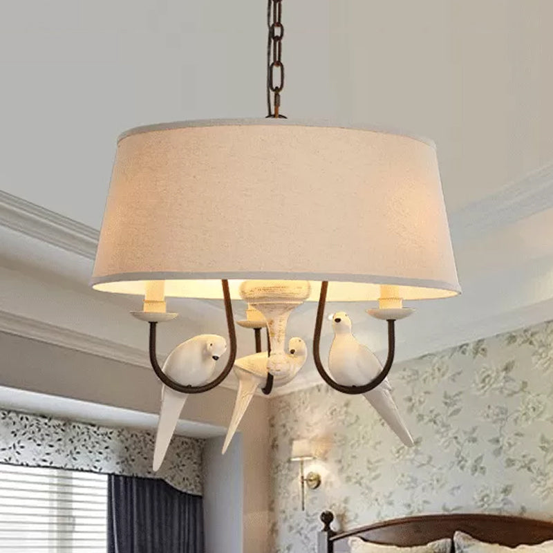 Vintage Fabric Beige Pendant Lamp With 3 Lights - Elegant Bedroom Chandelier Fixture Bird Design