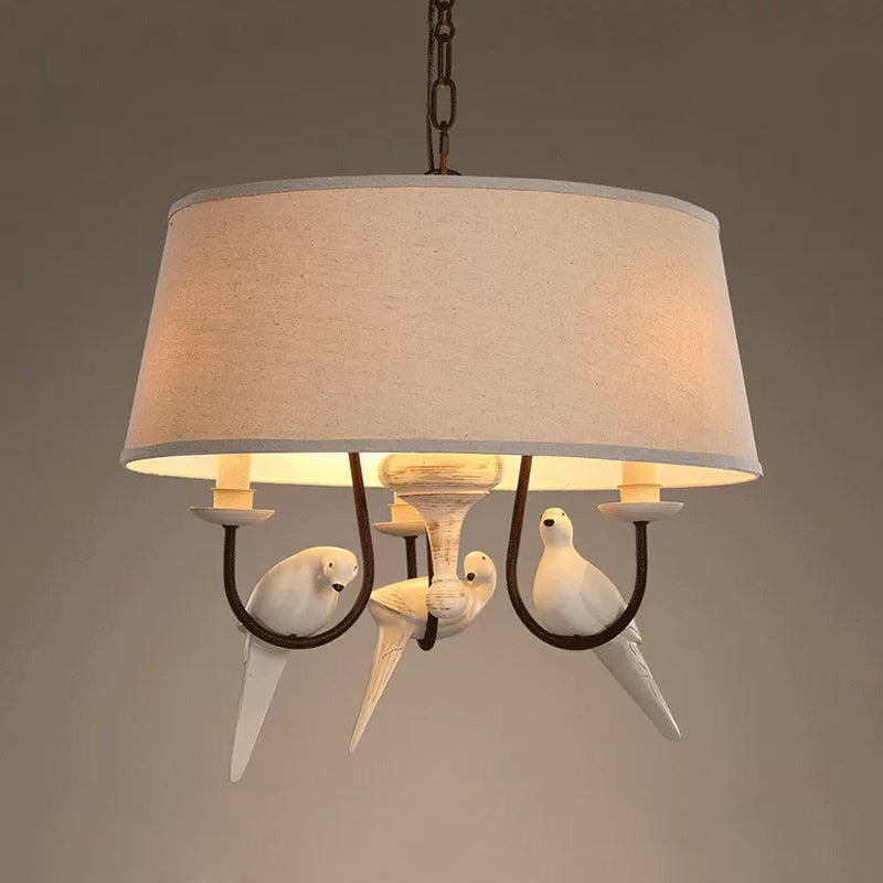 Vintage Fabric Beige Pendant Lamp With 3 Lights - Elegant Bedroom Chandelier Fixture Bird Design