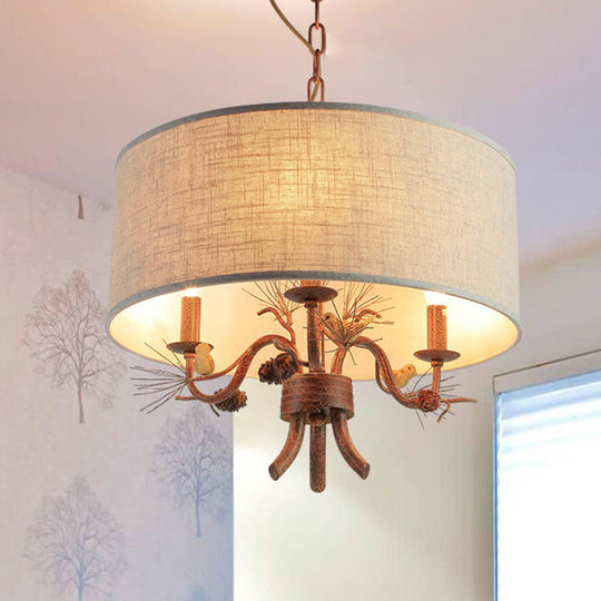 Vintage Drum Shade Chandelier Pendant Light With Pine Branch And Bird Design - 3 Bulbs Fabric Ideal