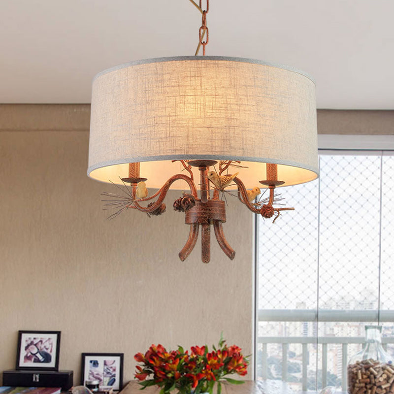 Vintage Drum Shade Chandelier Pendant Light With Pine Branch And Bird Design - 3 Bulbs Fabric Ideal