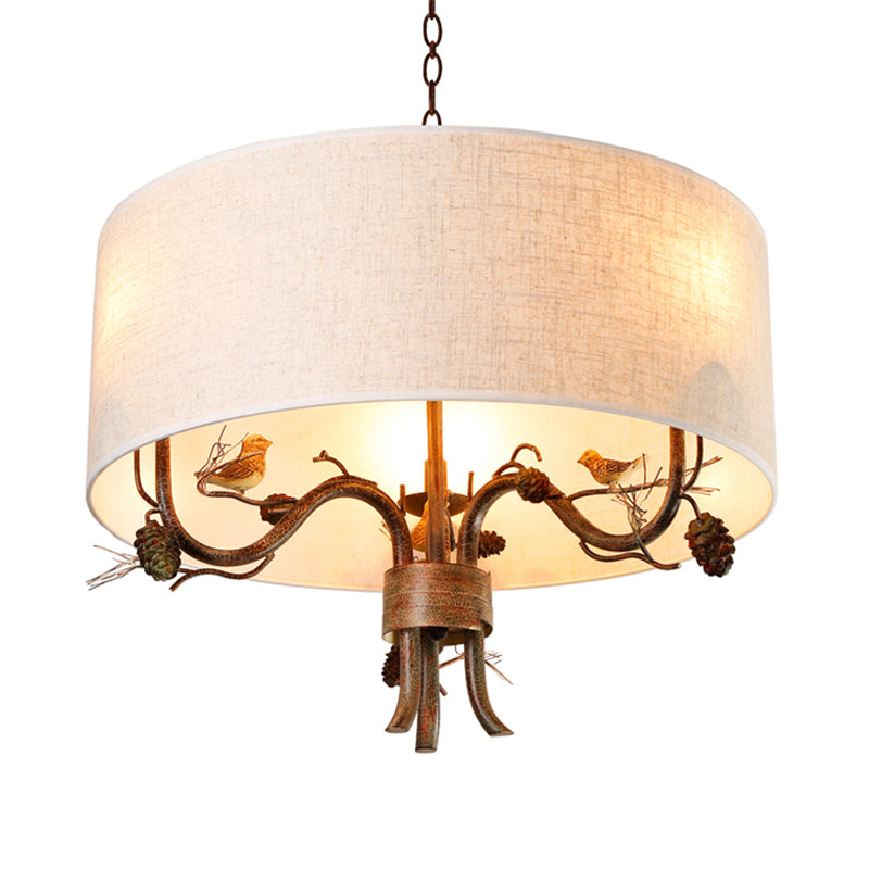 Vintage Drum Shade Chandelier Pendant Light With Pine Branch And Bird Design - 3 Bulbs Fabric Ideal